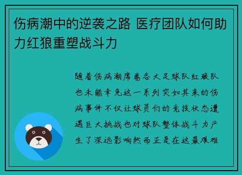 伤病潮中的逆袭之路 医疗团队如何助力红狼重塑战斗力