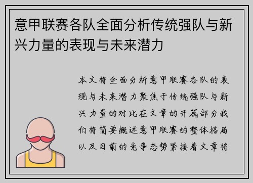 意甲联赛各队全面分析传统强队与新兴力量的表现与未来潜力